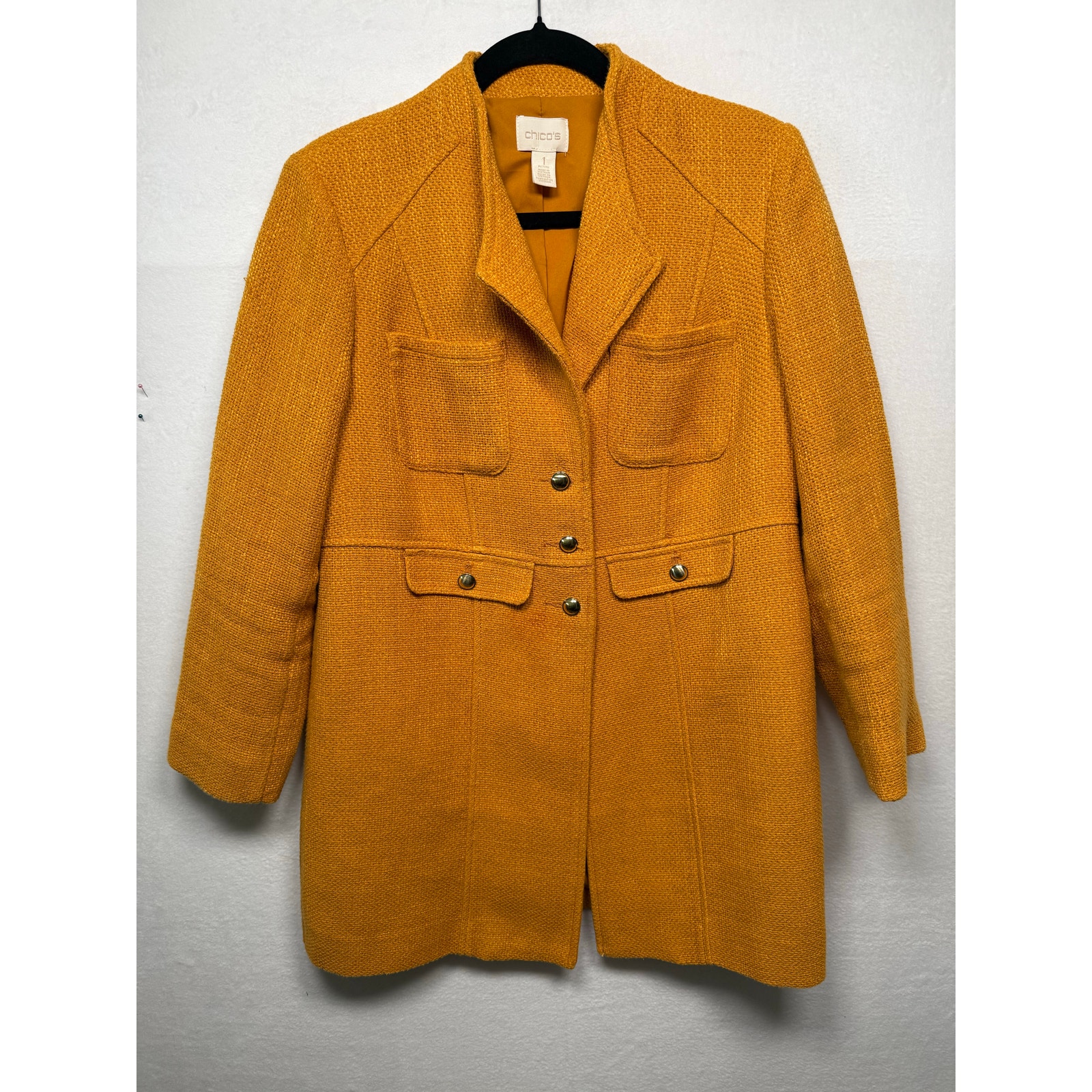 Chcio's Women's Jacket, Mustard Yellow Gold/Bronze Buttons, Size 1 Petite (8p)